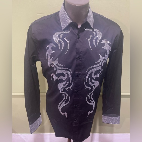 Deniko Men's Black and Silver Dress Shirt Button front rhinestone modern fit - Picture 1 of 4